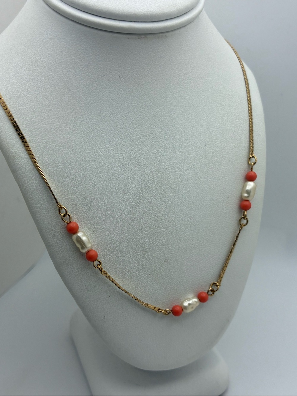Coral Faux Pearl Beaded Gold Tone Necklace 16” Vintage Avon Signed